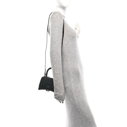 Balenciaga Shiny Calfskin Monochrome Crocodile Embossed Hourglass Top Handle Bag XS Black 2 of 11
