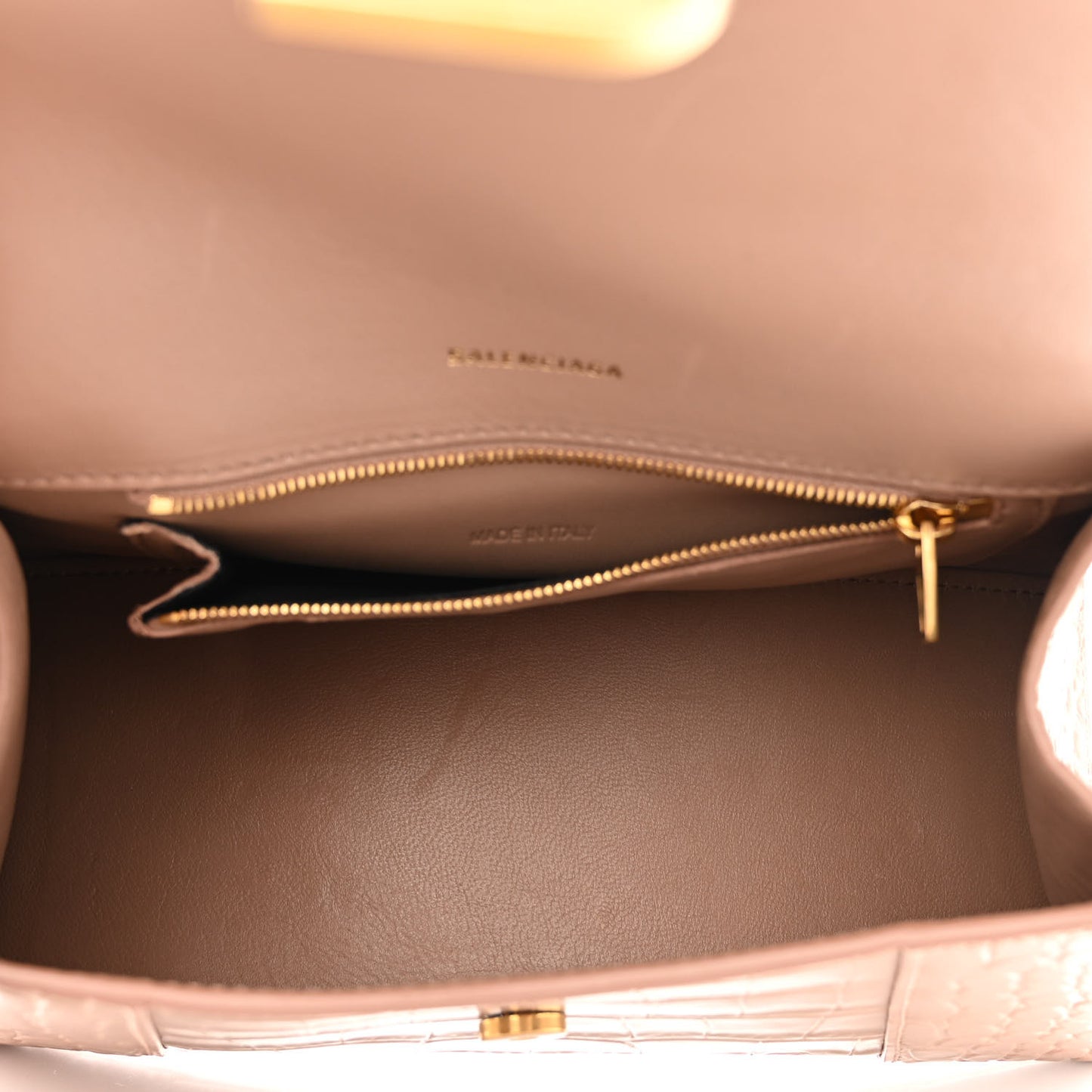 Shiny Calfskin Crocodile Embossed Small Hourglass Top Handle Bag Nude Beige