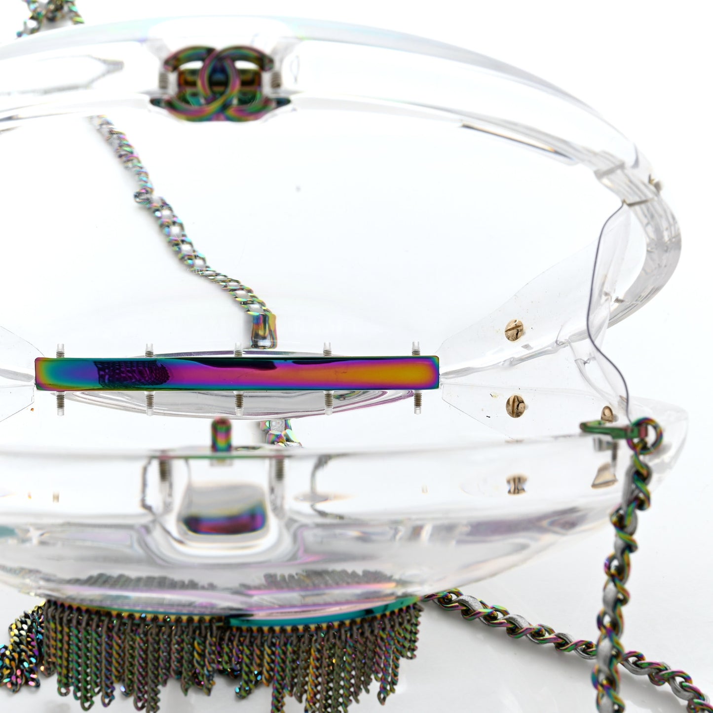 Plexiglass Iridescent Chain Fringe CC Clutch Clear