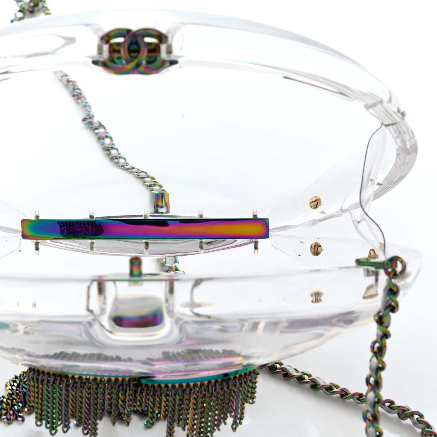 Chanel Plexiglass Iridescent Chain Fringe CC Clutch Clear 6 of 8