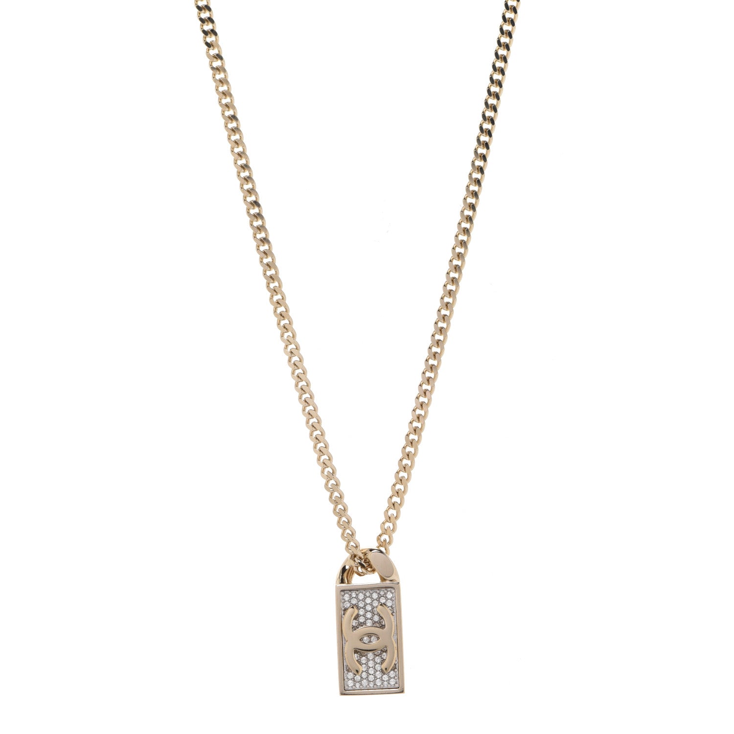 Chanel Crystal Dog Tag Chain Necklace Gold 1 of 6