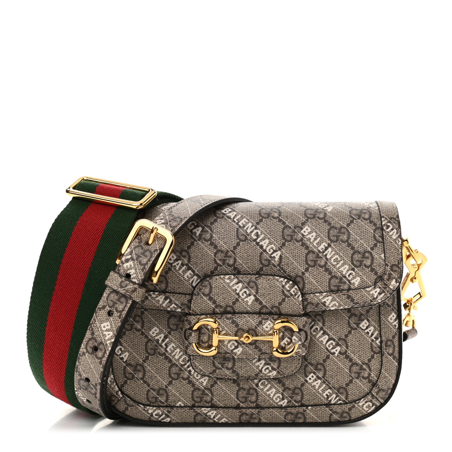 X BALENCIAGA GG Supreme Monogram Web Logo Print Mini Horsebit 1955 Shoulder Bag Beige Ebony