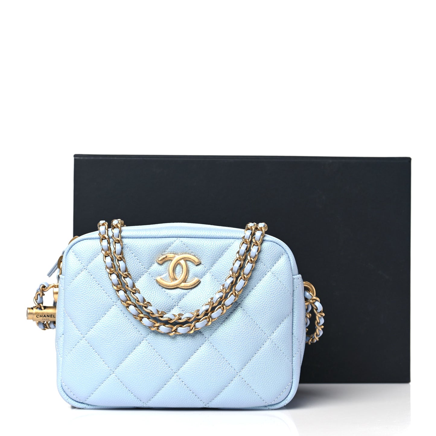Shiny Caviar Quilted Chain Melody Camera Bag Light Blue