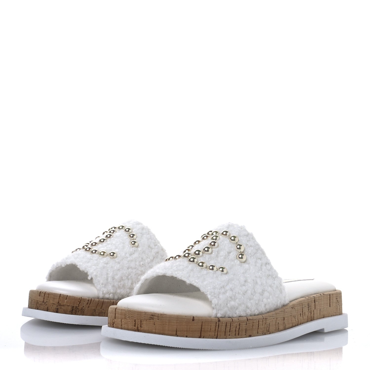 Chanel Fabric Pearl Cork CC Slip On Sandals 38 White 4 of 8