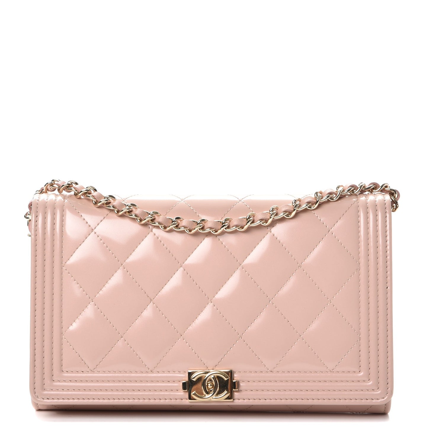 Iridescent Calfskin Quilted Boy Wallet on Removable Chain Light Pink