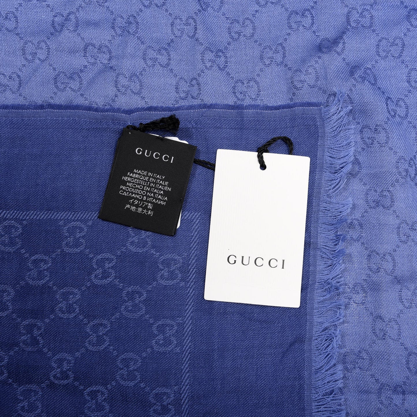 Wool Jacquard Monogram Fringe Scarf Blue