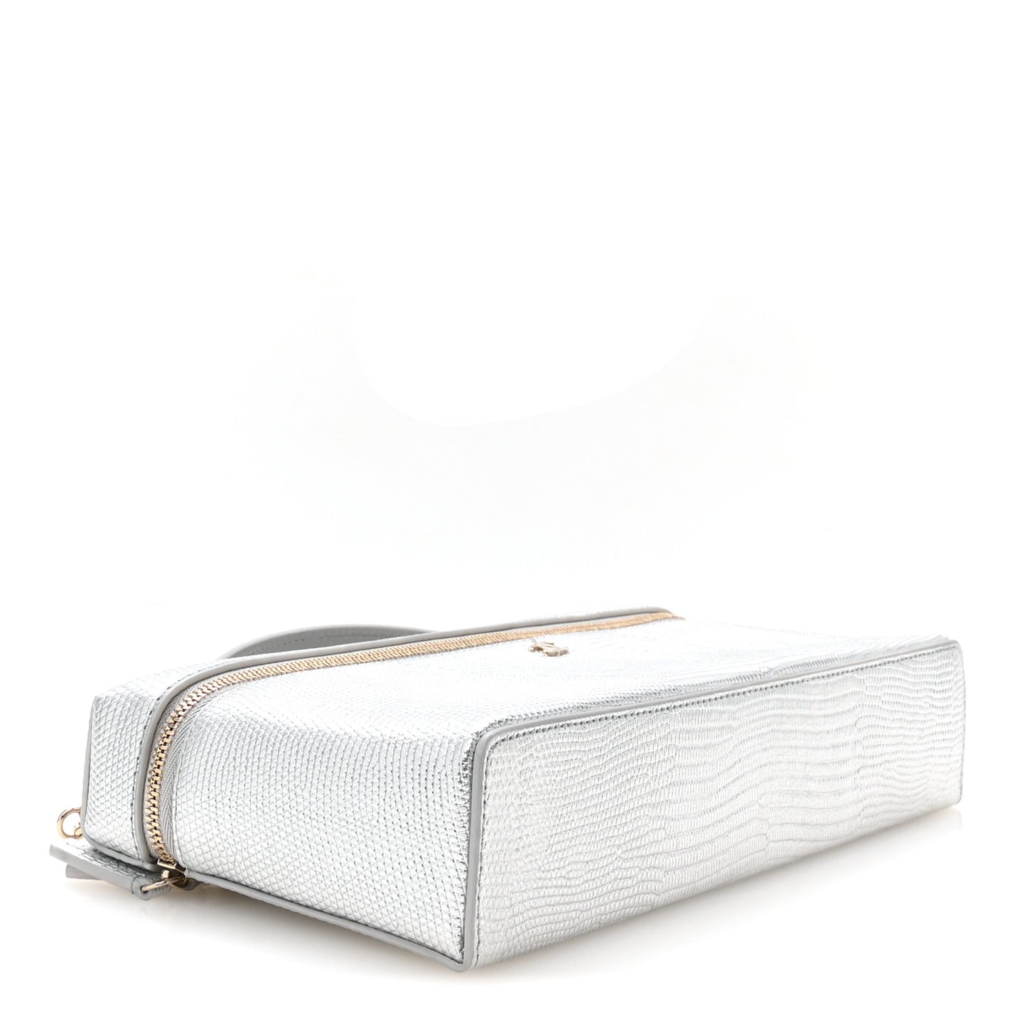 Lizard Embossed Top Handle Slim Vanity With Chain Silvery