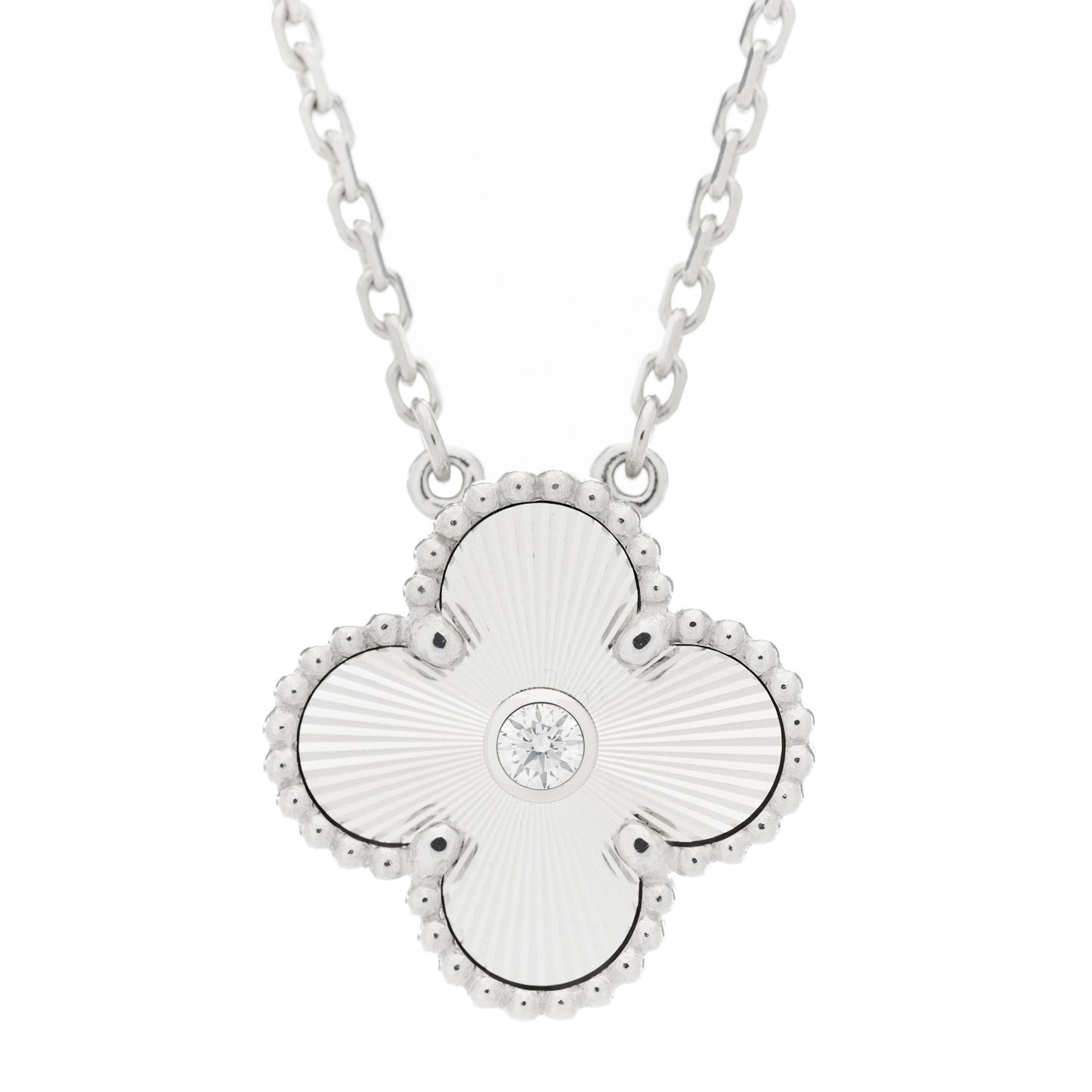 18K White Gold Diamond Guilloche Vintage Alhambra Pendant Necklace