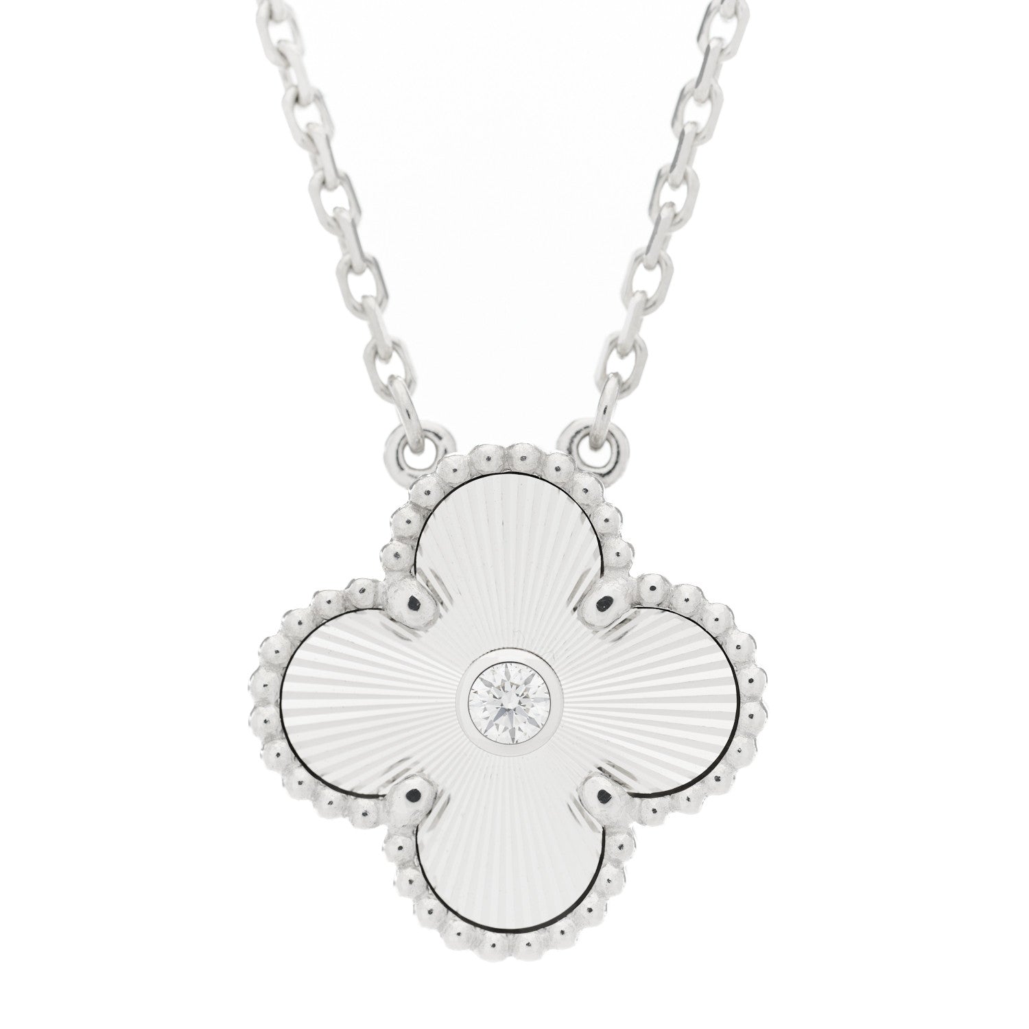 Van Cleef & Arpels 18K White Gold Diamond Guilloche Vintage Alhambra Pendant Necklace 4 of 8