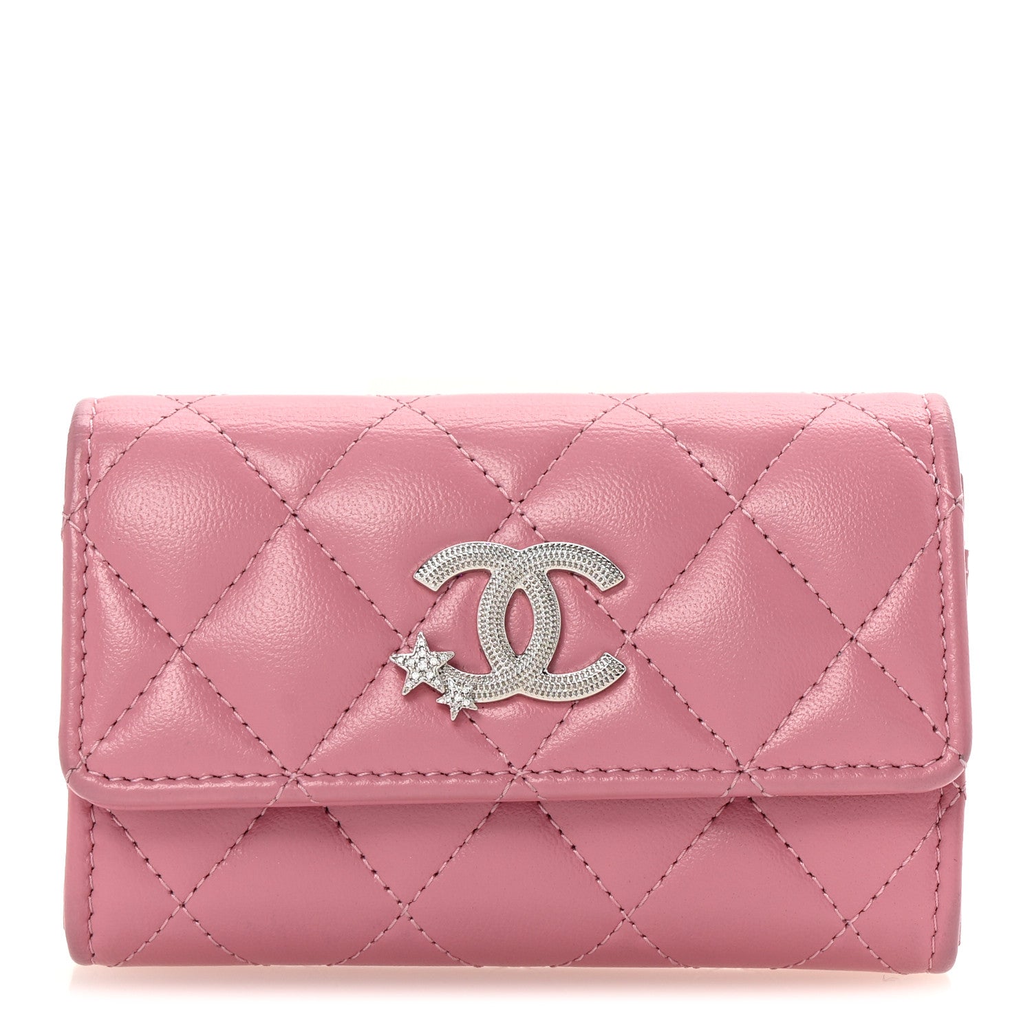 Chanel Lambskin Quilted Flap Crystal Star Card Holder Wallet Pink 1 of 18