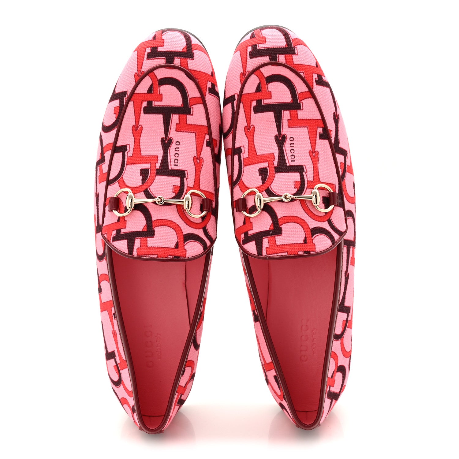 Gucci Betis Glamour Canvas Horsebit Print Womens Jordaan Loafers 39.5 Pink Rosso Ancora 5 of 10