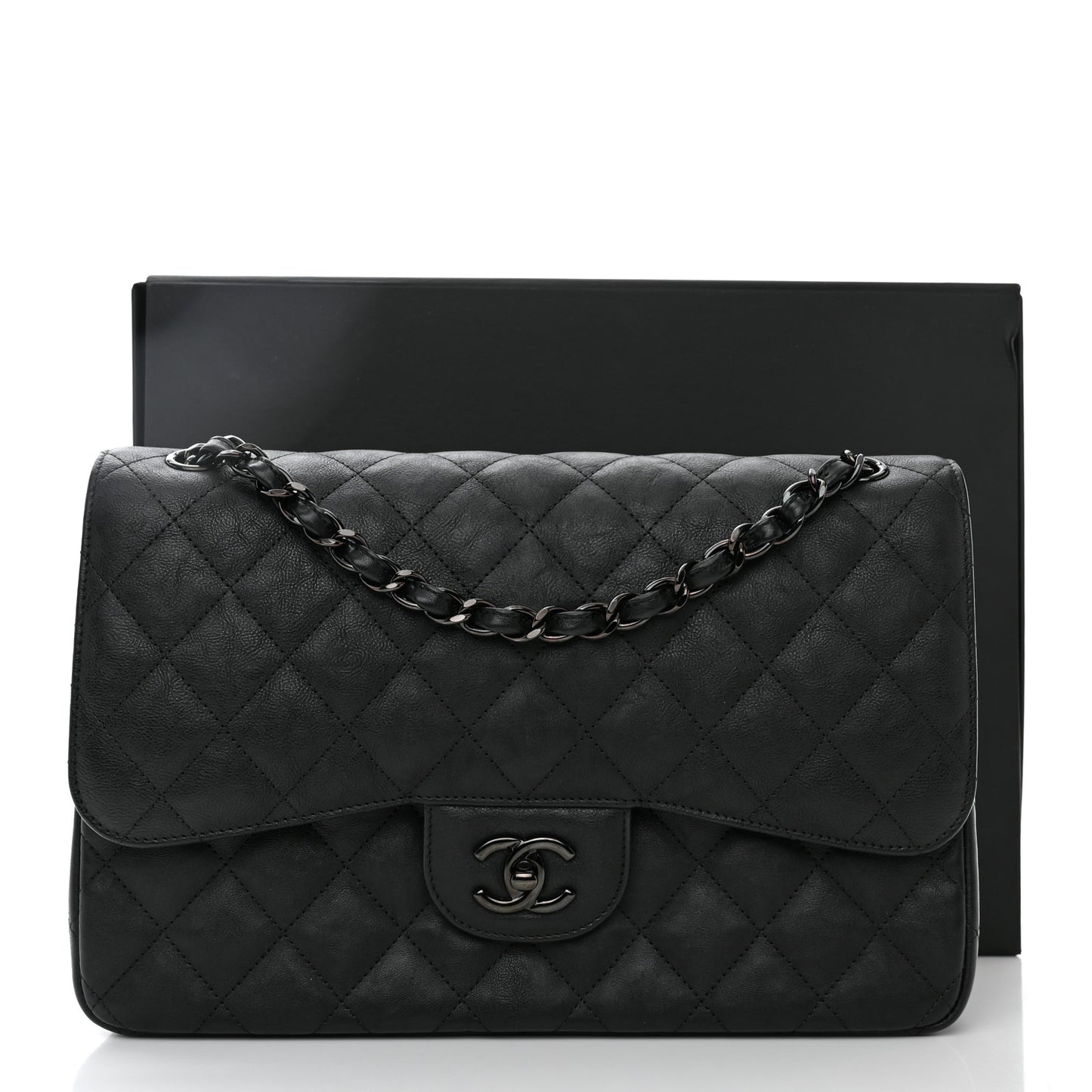 Crumpled Calfskin Quilted Jumbo Double Flap So Black