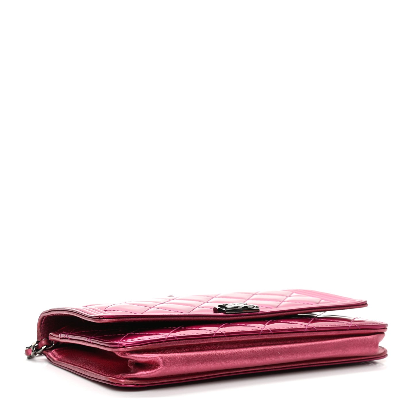 Metallic Patent Calfskin Quilted Boy Wallet On Chain WOC Fuchsia