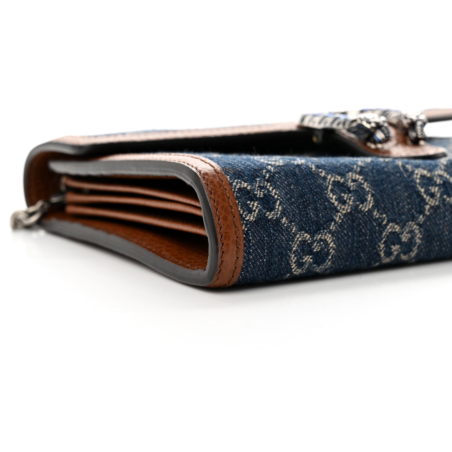 New Denim GG Monogram Dollar Calfskin Enamel Mini Dionysus Chain Wallet Blue Tea Cuir Epilog Electric Blue