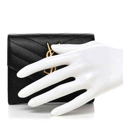 Saint Laurent Grain De Poudre Matelasse Chevron Monogram Compact Tri Fold Wallet Black 2 of 8