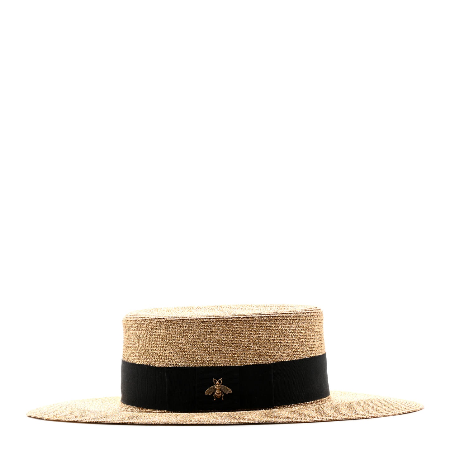 Glittered Straw Grosgrain Wide Brim Hat L Gold Black