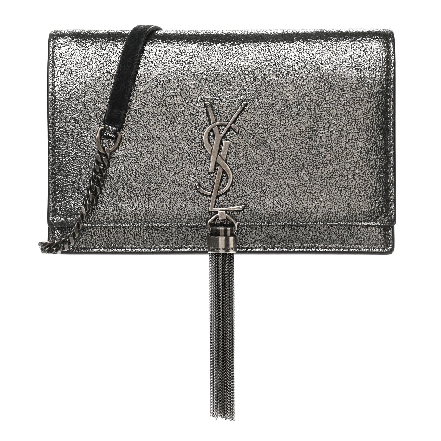 Metallic Calfskin Classic Monogram Kate Tassel Chain Wallet Gun Metal
