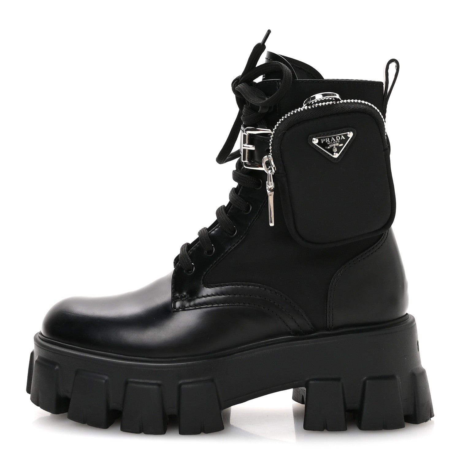 Prada Spazzolato Rois Re-Nylon Metal Triangle Logo Monolith Pouch Pocket 55mm Boots 35.5 Black 1 of 9