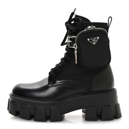 Prada Spazzolato Rois Re-Nylon Metal Triangle Logo Monolith Pouch Pocket 55mm Boots 35.5 Black 1 of 9