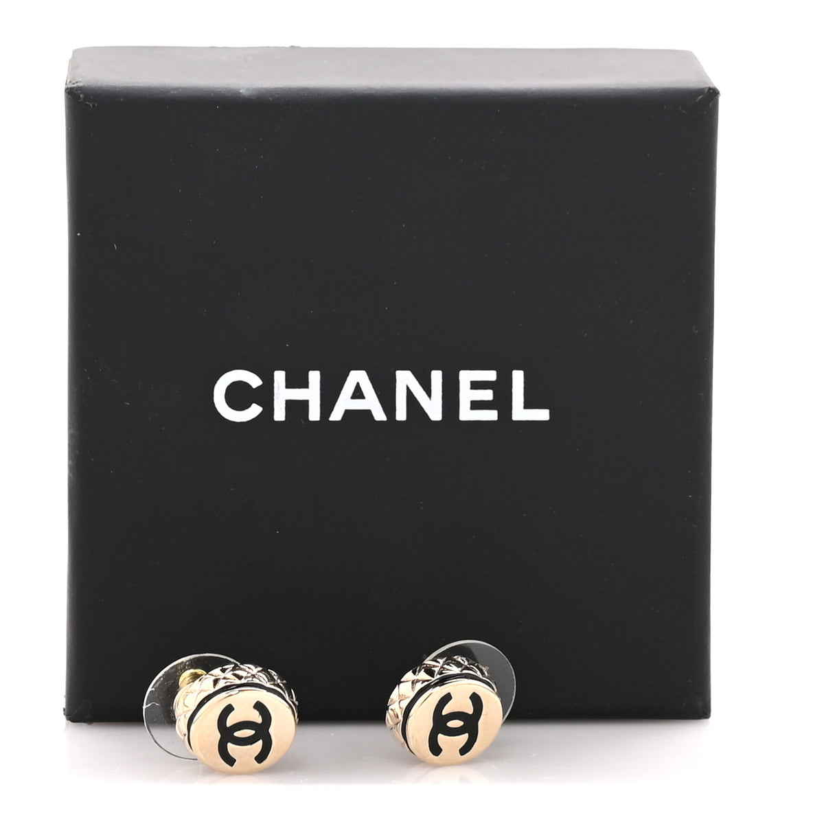 Metal Enamel CC Round Earrings Black Gold