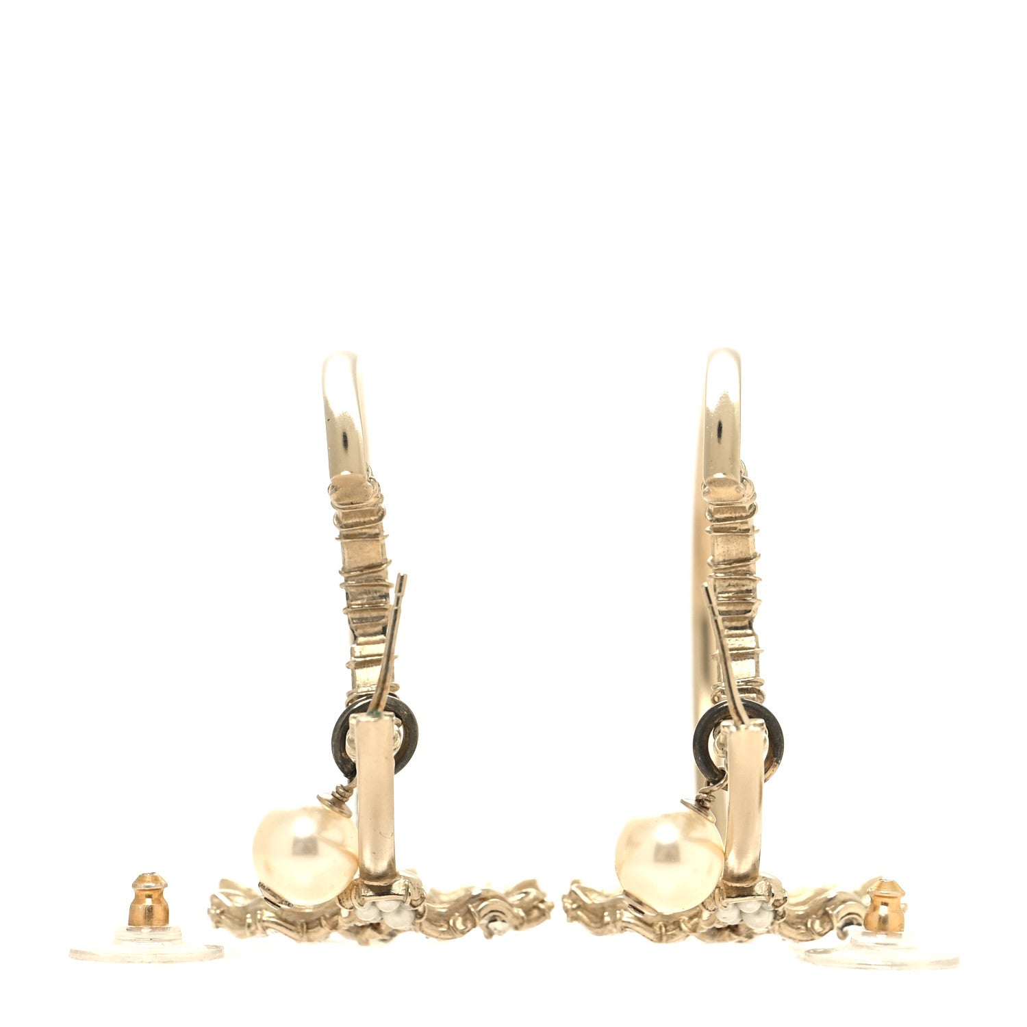 Chanel Crystal Pearl CC Drop Hoop Earrings Gold White 3 of 4