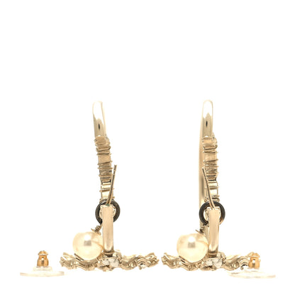 Chanel Crystal Pearl CC Drop Hoop Earrings Gold White 3 of 4