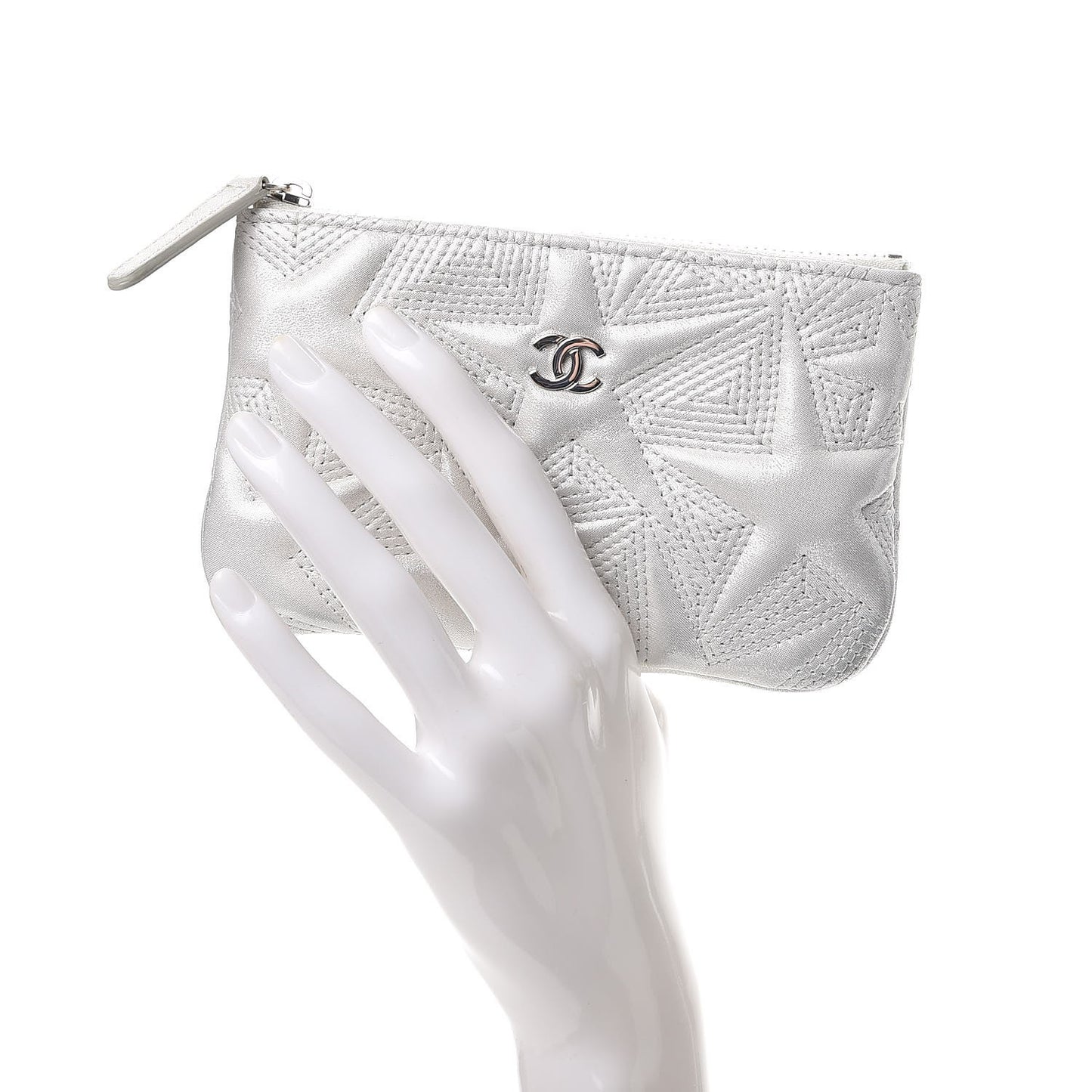 Metallic Lambskin Star Embossed Coin Purse Case Light Silver