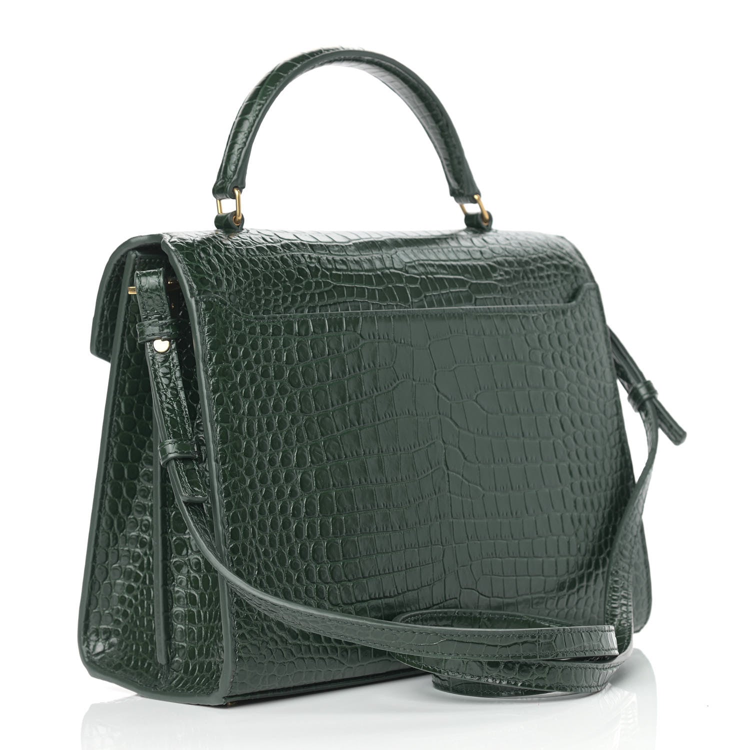 Saint Laurent Calfskin Crocodile Embossed Medium Classic Monogram Cassandra Top Handle Green 3 of 10