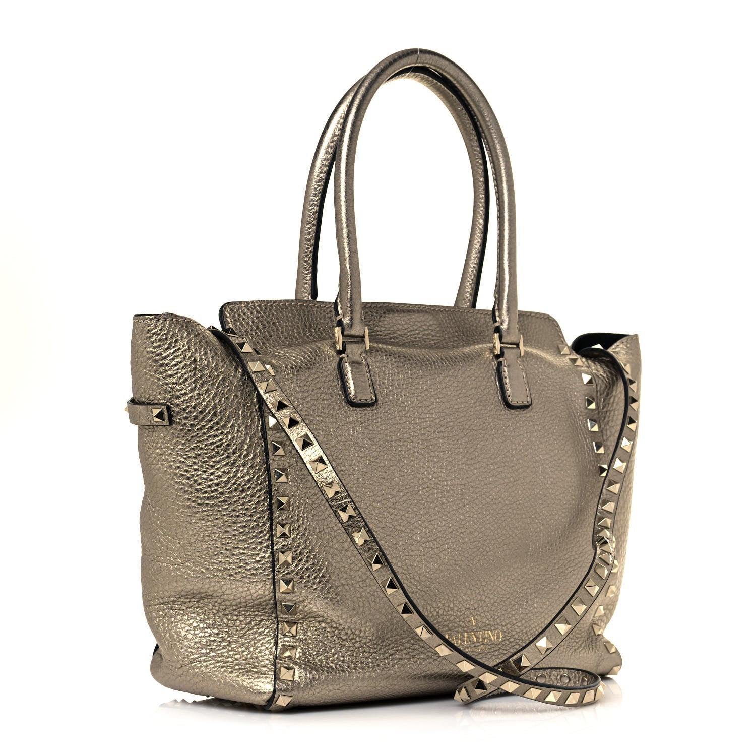 Valentino Garavani Metallic Grained Calfskin Rockstud Double Handle Tote Sasso 3 of 14