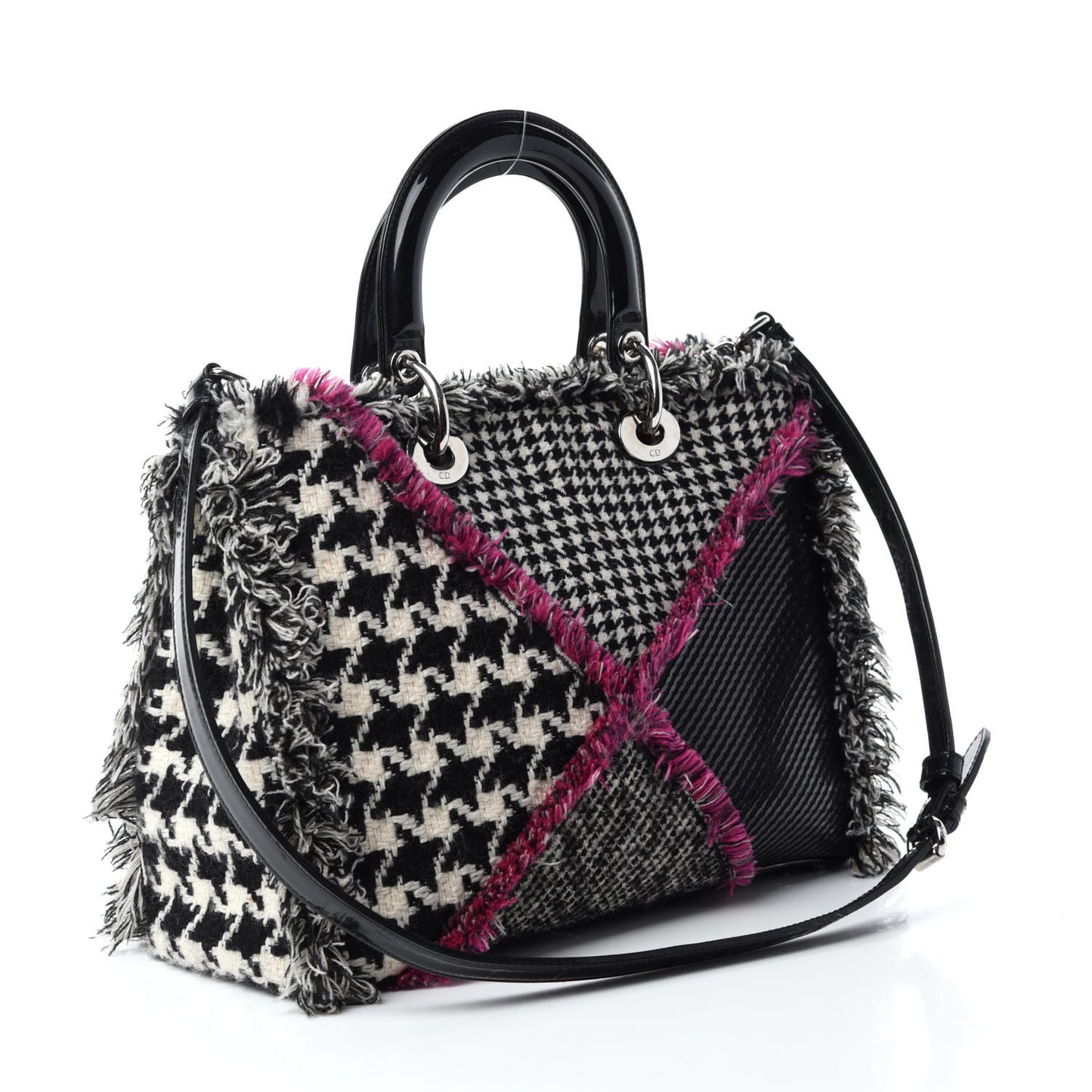 Patent Tweed Fringe Patchwork Lady Dior Black Multicolor
