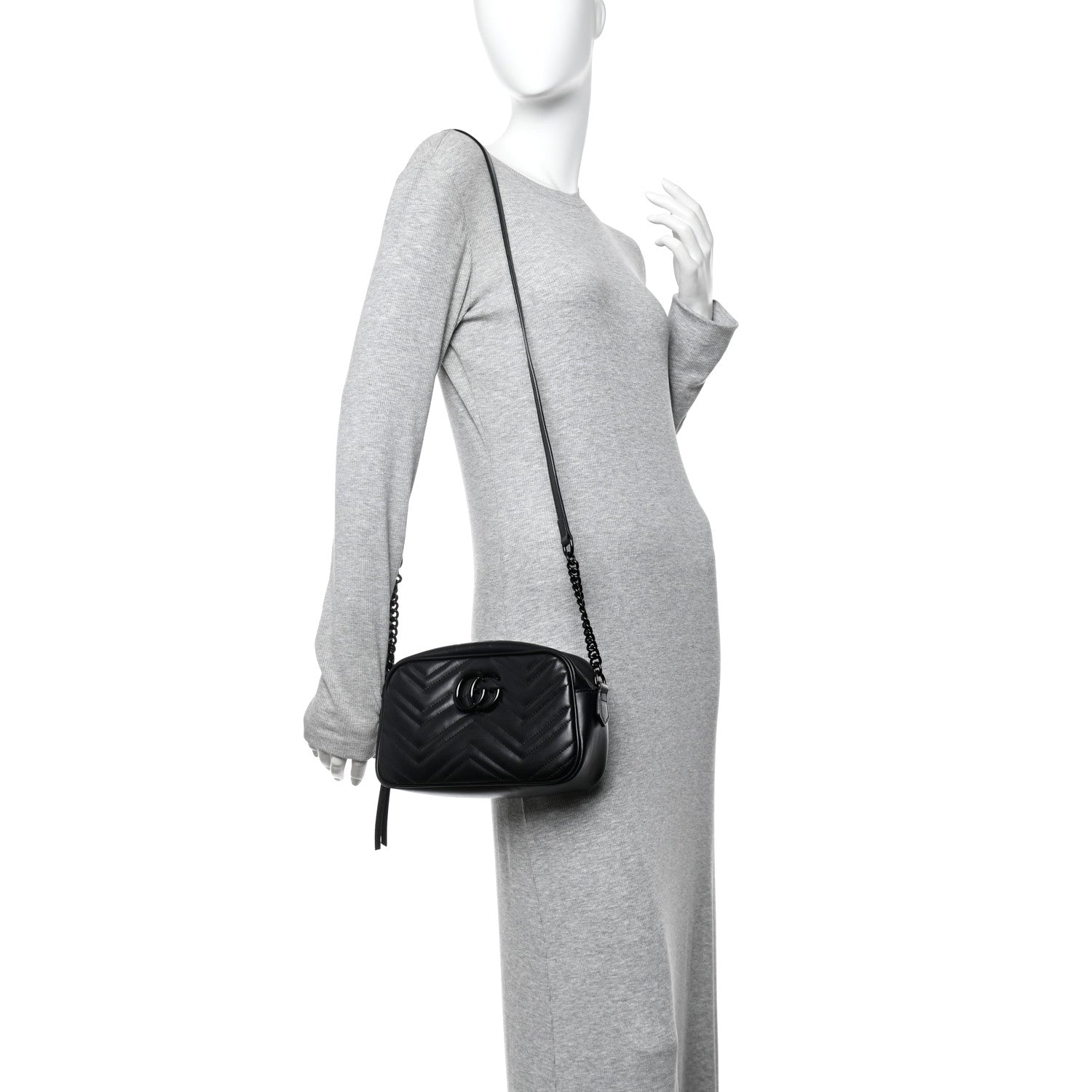 Gucci Calfskin Matelasse Monochrome Small GG Marmont Chain Shoulder Bag Black 2 of 16