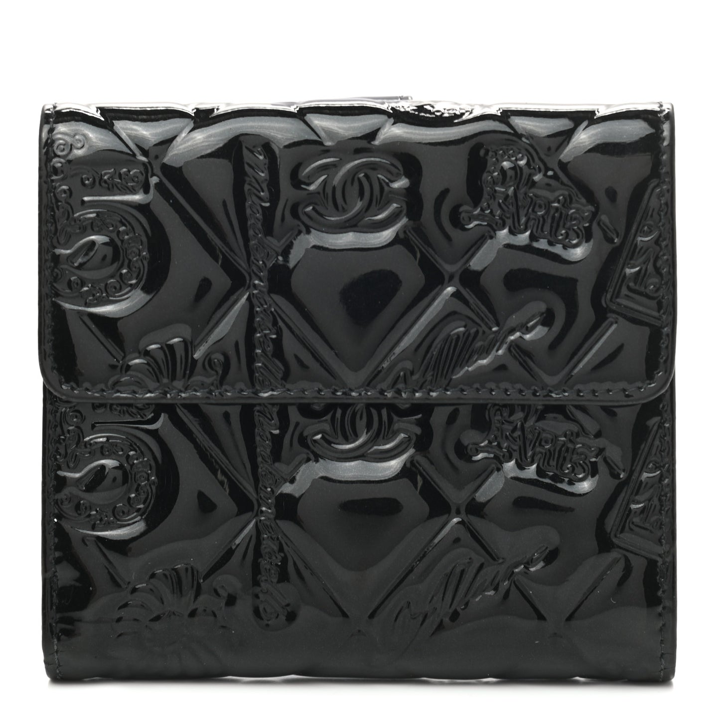 Patent Calfskin Lucky Symbols Compact French Flap Wallet Black