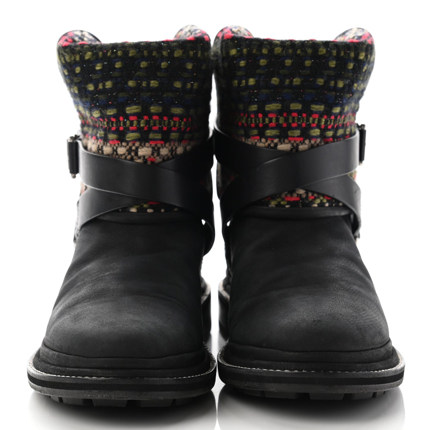 Tweed Calfskin CC Short Boots 36.5 Black Green Red