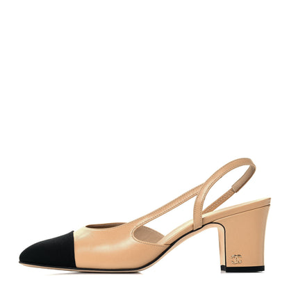 Chanel Goatskin Grosgrain Cap Toe CC Slingback Pumps 38 Beige Black 1 of 7