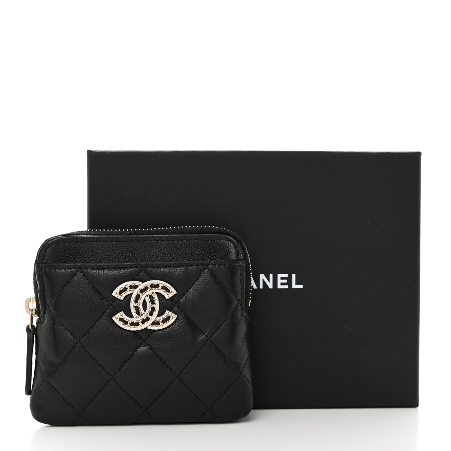 Caviar Quilted Crystal Zip Card Holder Wallet Black