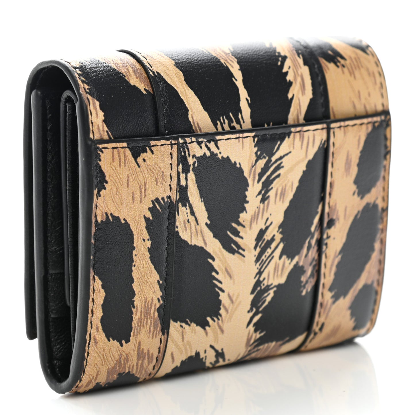 Smooth Calfskin Leopard Print Hourglass Compact Wallet Beige