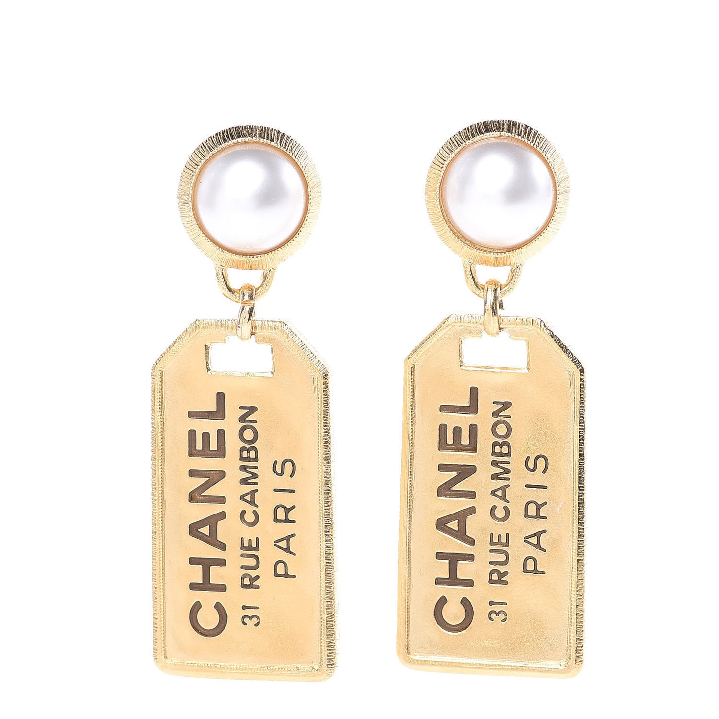 Pearl CC Tags Drop Earrings Gold
