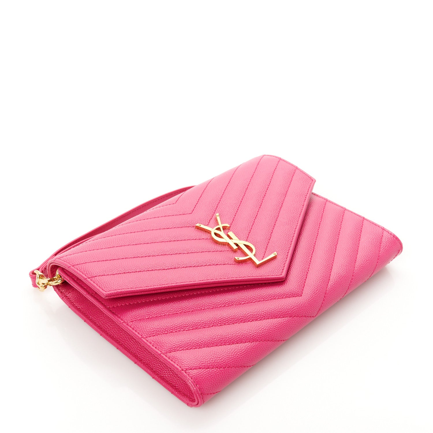 Saint Laurent Grain De Poudre Matelasse Chevron Monogram Envelope Clutch Fuxia Couture 3 of 7