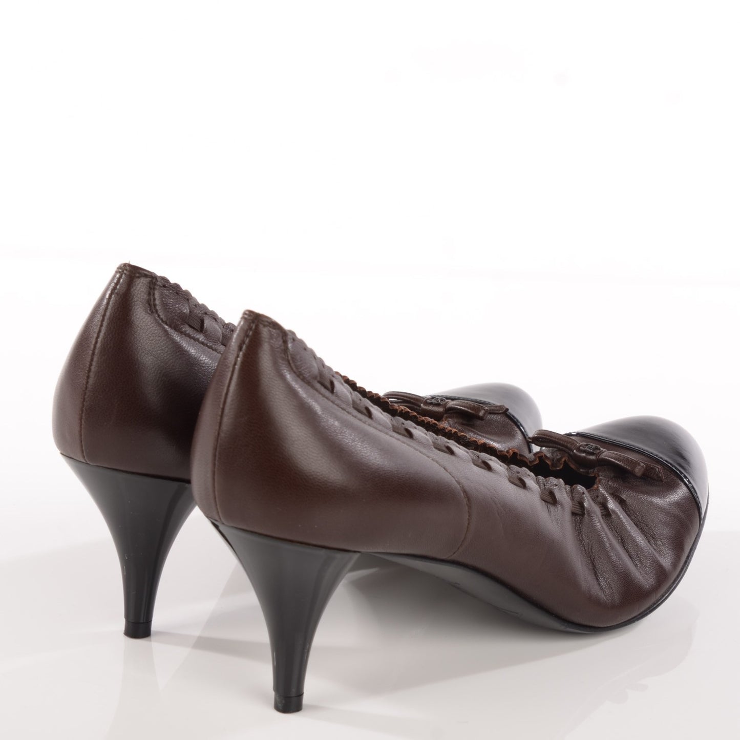 Lambskin Patent Elastic Cap Toe Pumps 38 Brown Black