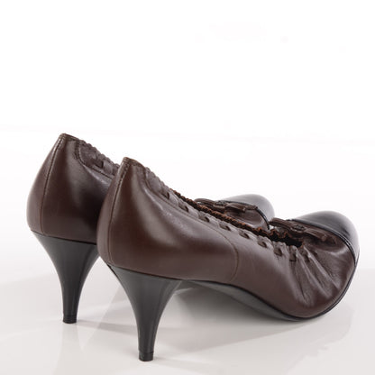 Chanel Lambskin Patent Elastic Cap Toe Pumps 38 Brown Black 4 of 6