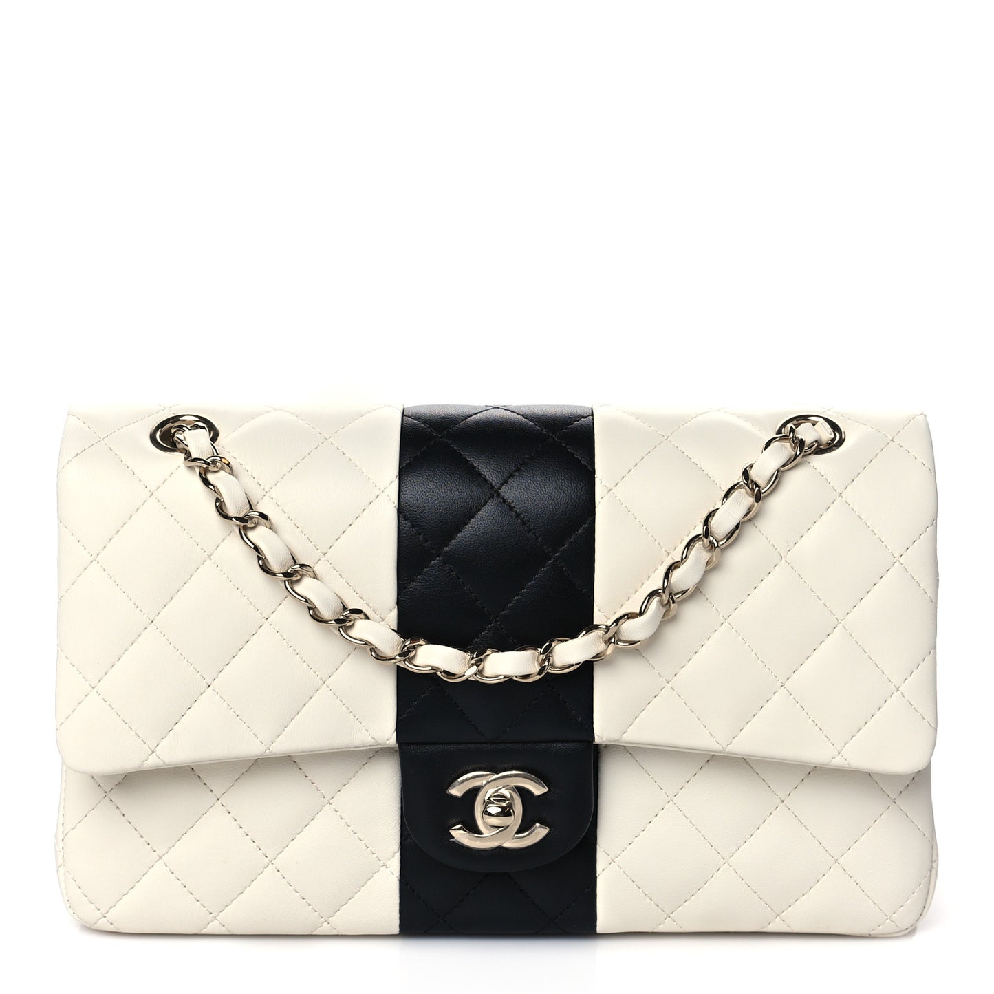 Lambskin Quilted Medium Double Flap Black White