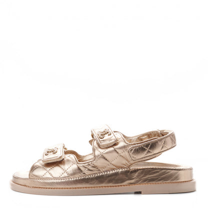 Chanel Iridescent Lambskin Quilted Velcro Dad Sandals 38 Light Bronze 1 of 9
