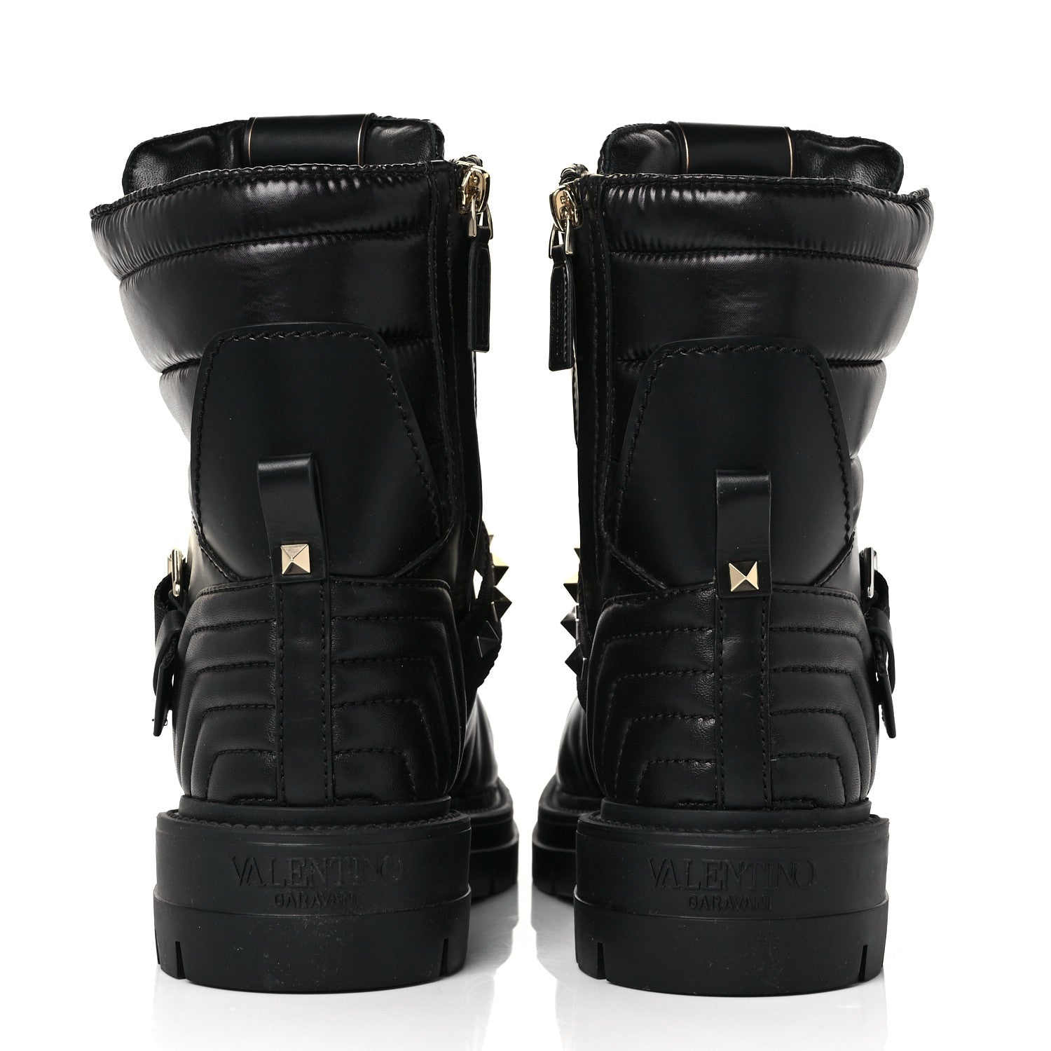 Valentino Garavani Calfskin Nylon Quilted Waterproof Rockstud Combat Boots 39 Black 5 of 8