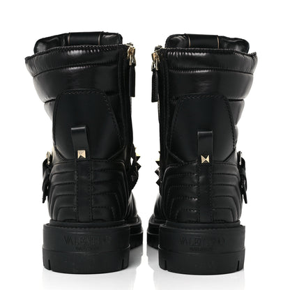 Valentino Garavani Calfskin Nylon Quilted Waterproof Rockstud Combat Boots 39 Black 5 of 8