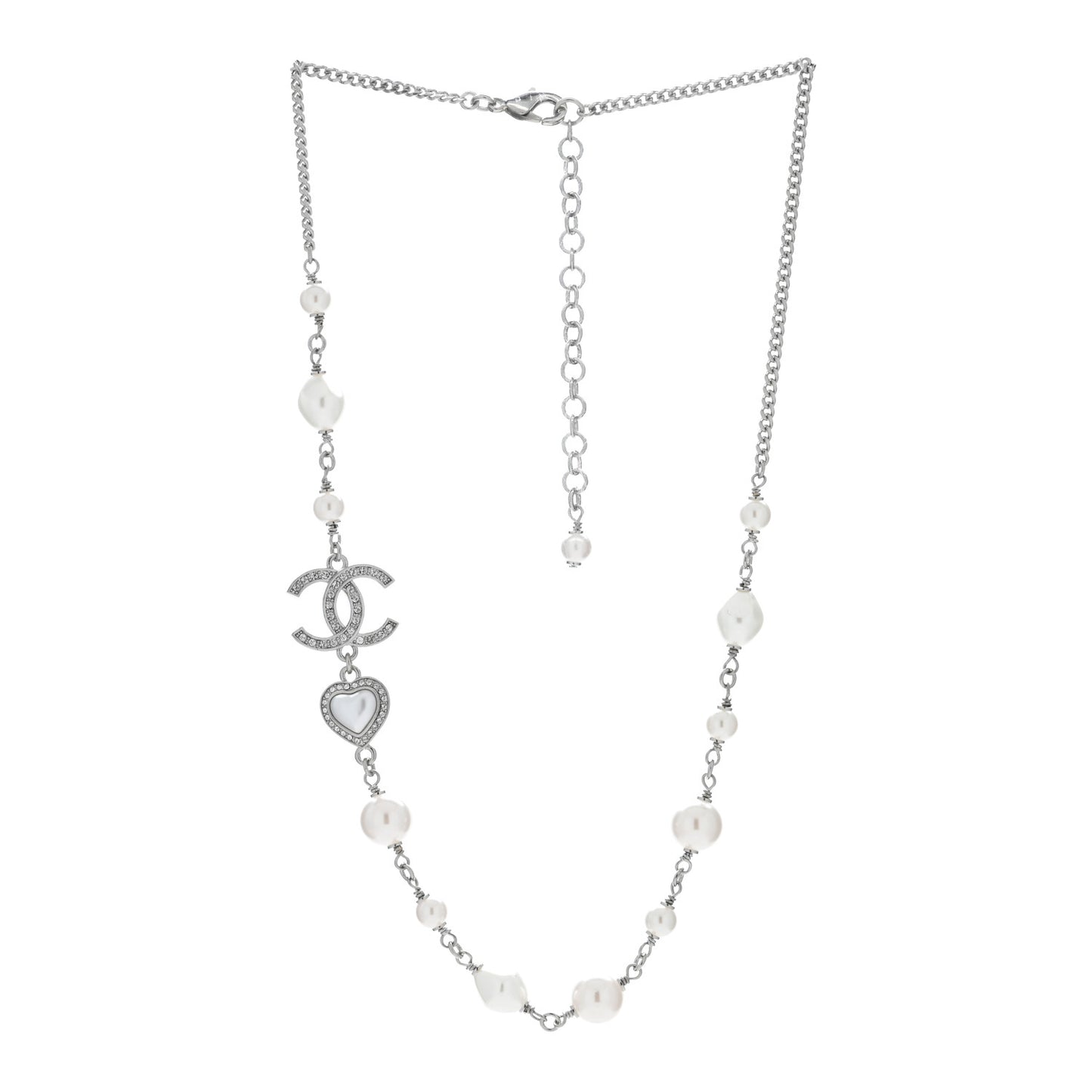 Pearl Crystal CC Heart Necklace Silver Pearly White