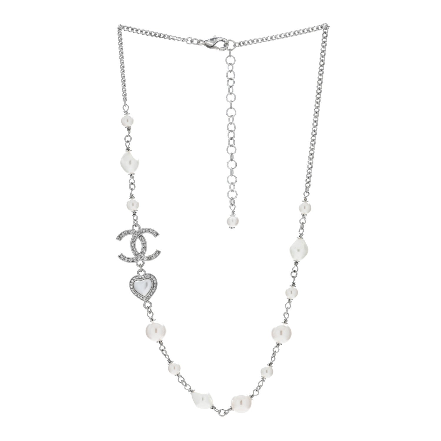 Chanel Pearl Crystal CC Heart Necklace Silver Pearly White 3 of 4