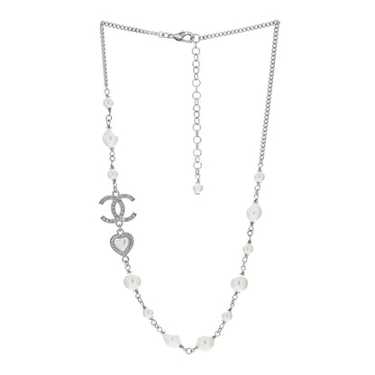 Chanel Pearl Crystal CC Heart Necklace Silver Pearly White 3 of 4