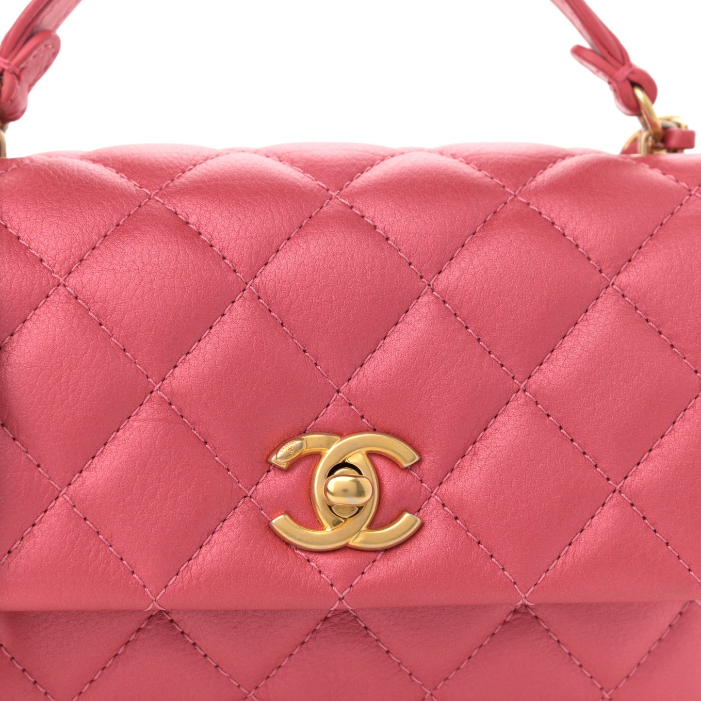 Metallic Calfskin Quilted Top Handle Flap Dark Pink