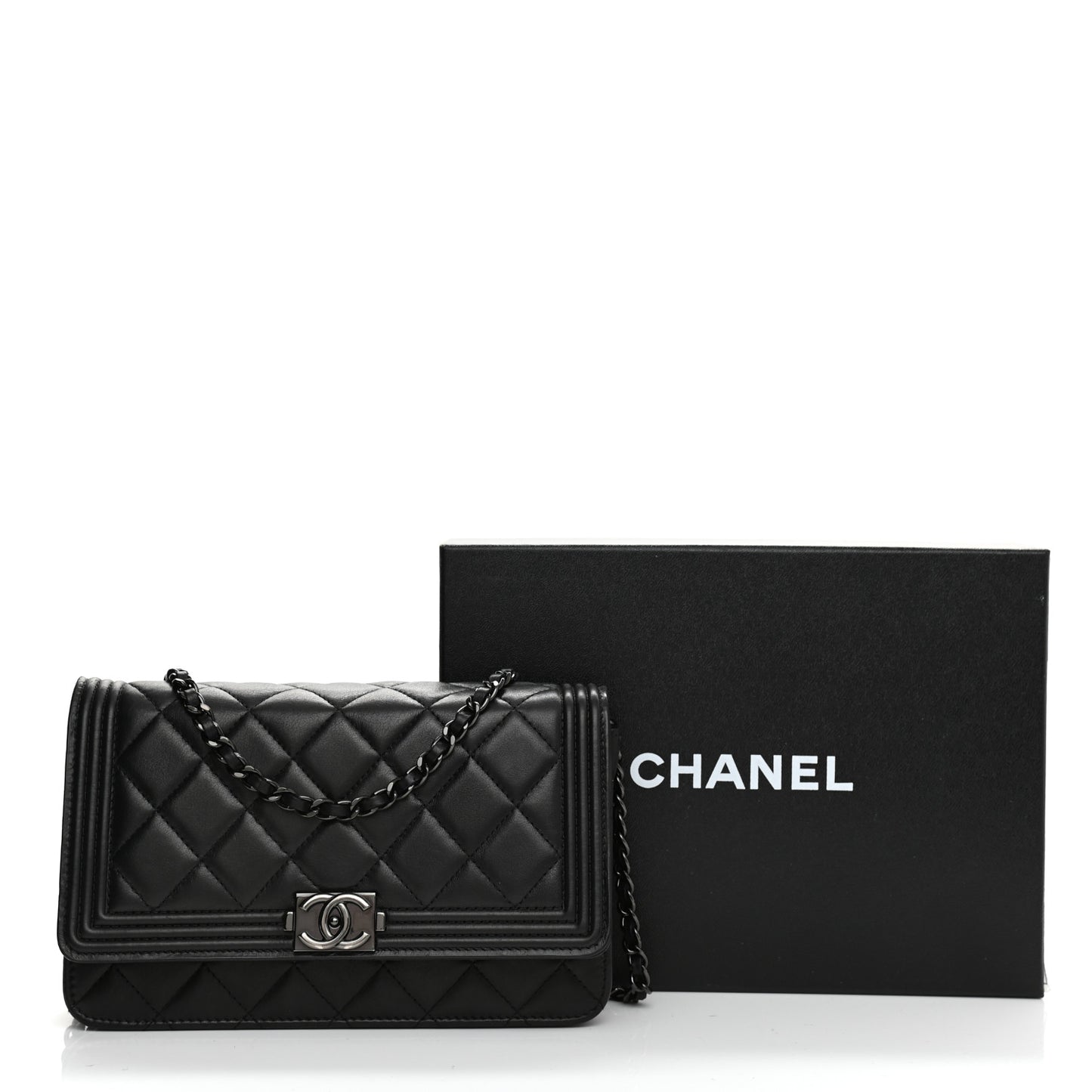 Calfskin Quilted Boy Wallet On Chain WOC Black
