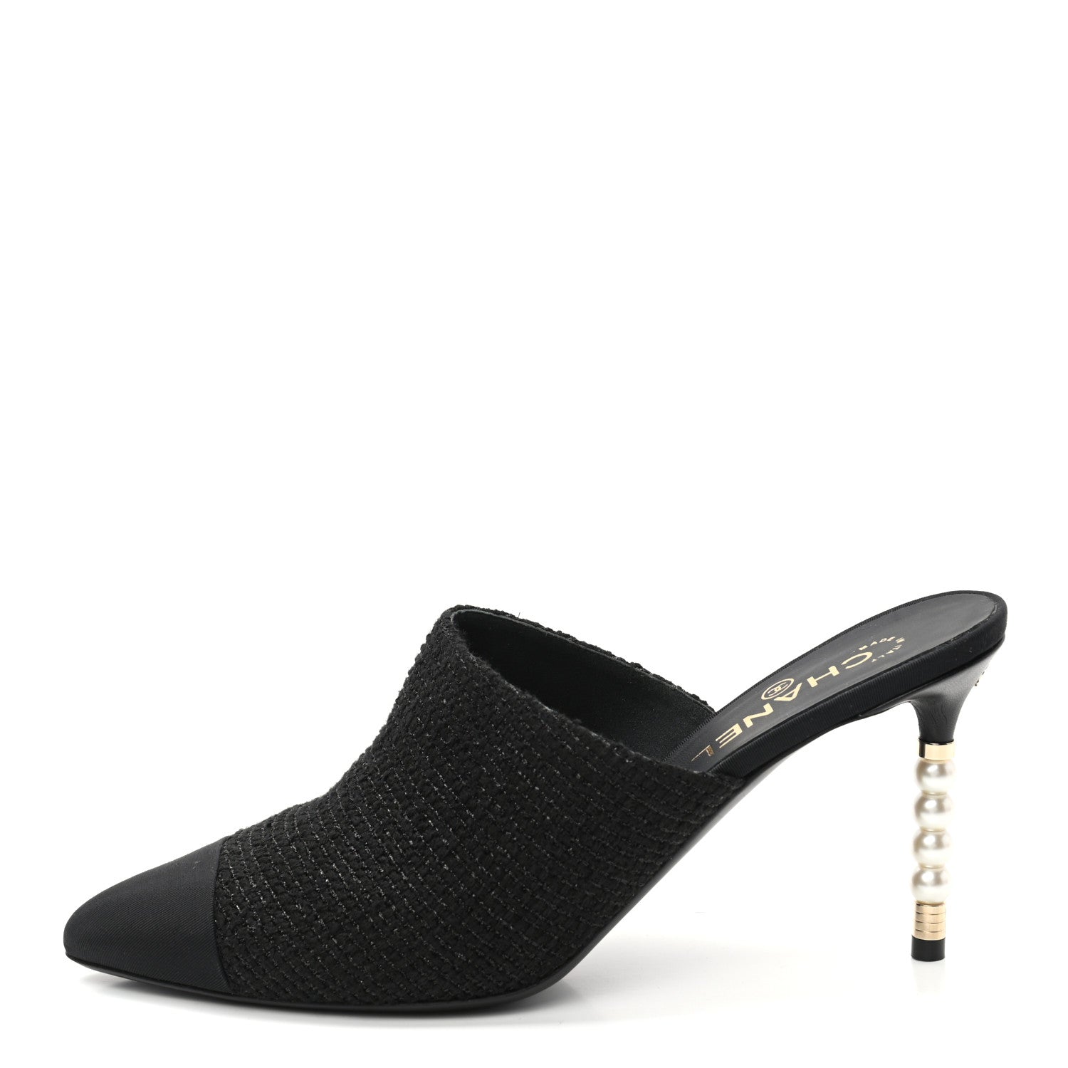 Chanel Tweed Grosgrain Cap Toe Pearl Mule 41 Black 1 of 8